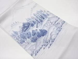 作家物　塩瀬手描き山並に民家風景模様名古屋帯